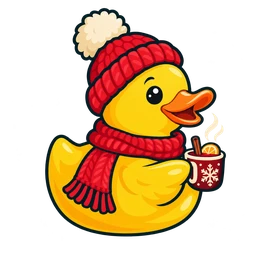 Off to the Christmas Market — yellow rubber duck in a festive hat and scarf