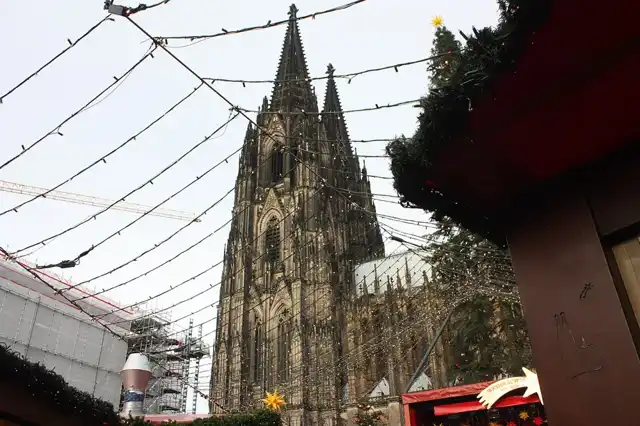 Cathedral and Christmas market in Cologne, photographed in December 2023