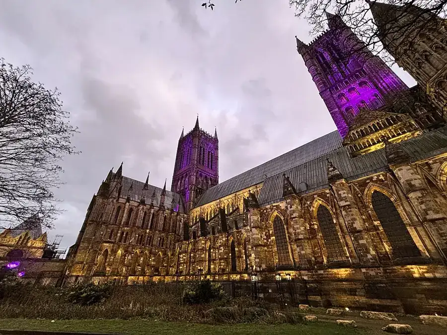 Lincoln Cathedral illuminated under a November sky in 2024; archive building setting, not the new 2026 market