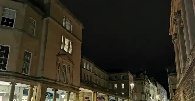 Illuminated Bath stone façades on Stall Street at night