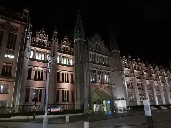 Marischal College illuminated after dark, photographed in October 2021. Archive city setting for Broad Street, not the 2026 Christmas Village