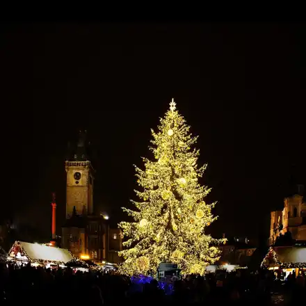 Christmas tree and market in Prague’s Old Town Square, December 2025
