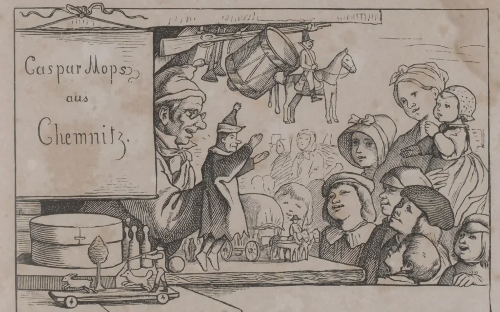 Detail of Ludwig Richter’s 1859 Der Christmarkt illustration, showing a toy seller and children