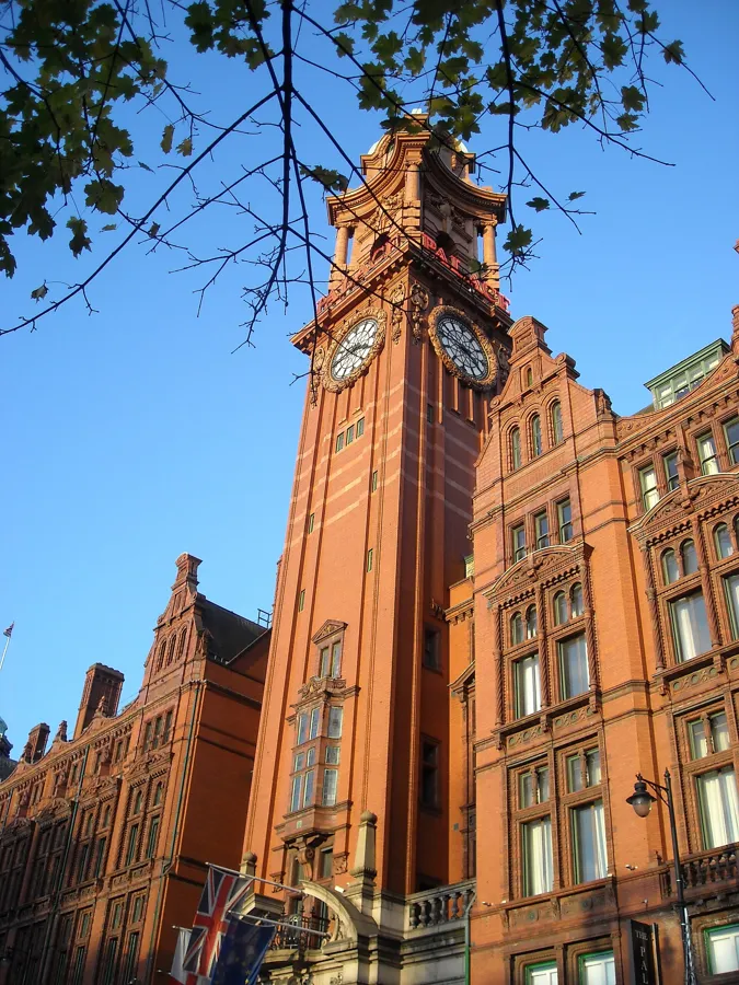 The clock tower of the Refuge Assurance Building (also known as the Palace Hotel), in Manchester, England.